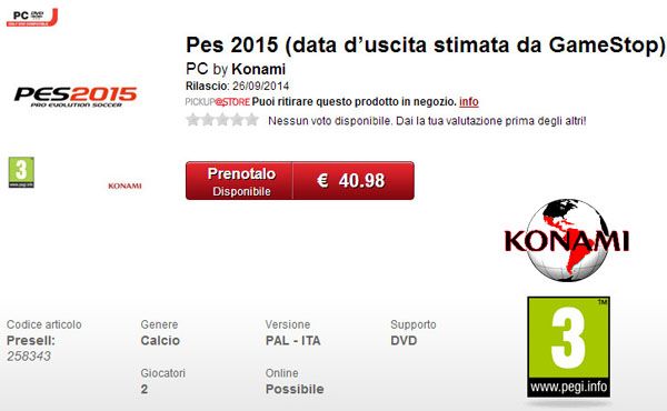 Pes 2015: цена и предполагаемая дата релиза от GameStop