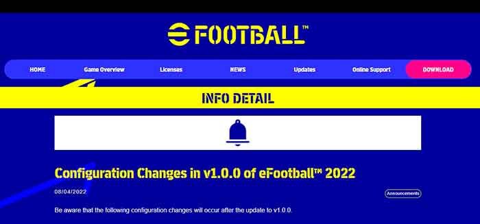 Konami объявляет об изменениях конфигурации в eFootball v1.0